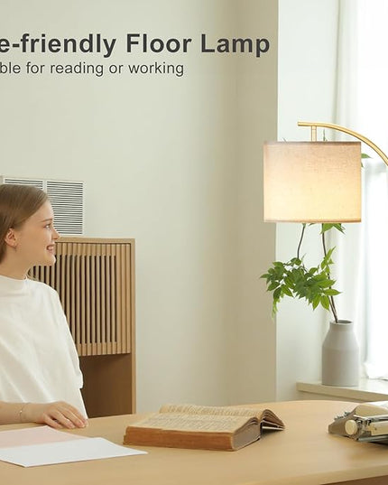 Ambimall Floor Lamp with Remote Control and Stepless Dimmable Bulb, Colors Temperature & Brightness Adjustable, Modern Floor Lamps for Living Room（Beige Shade & Gold Pole） - LeafyLoom