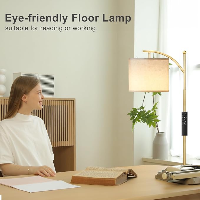 Ambimall Floor Lamp with Remote Control and Stepless Dimmable Bulb, Colors Temperature & Brightness Adjustable, Modern Floor Lamps for Living Room（Beige Shade & Gold Pole） - LeafyLoom