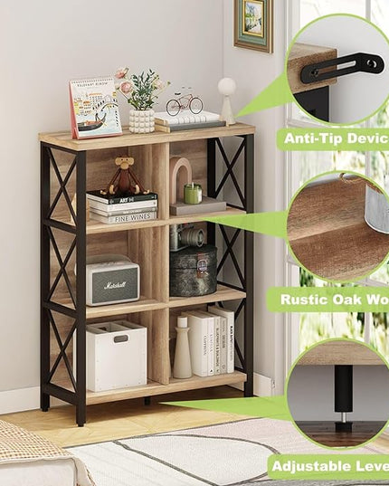 FATORRI Rustic 6 Cube Storage Organizer Shelf, Wood and Metal Cubby Bookcase, Industrial 4 Tier Cube Bookshelf (Rustic Oak) - LeafyLoom