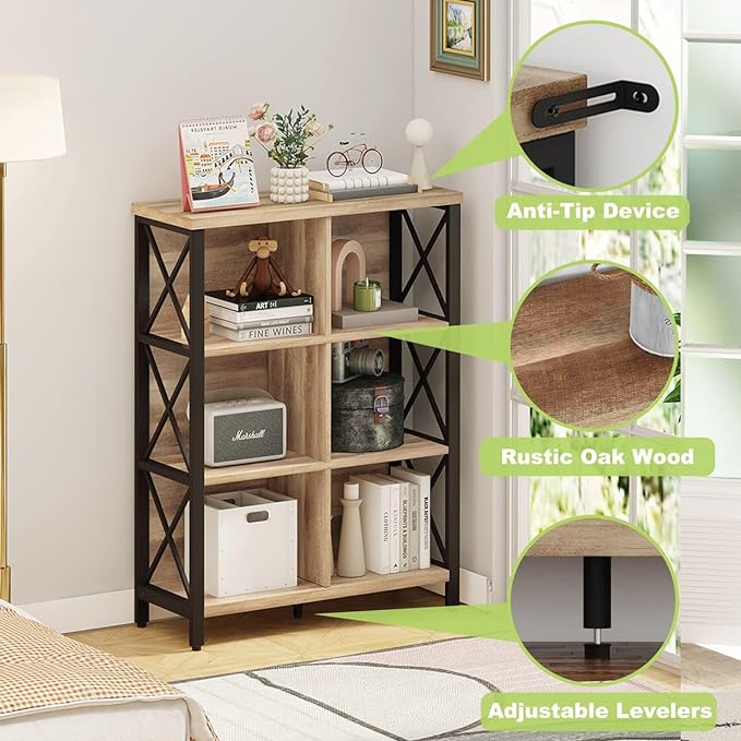FATORRI Rustic 6 Cube Storage Organizer Shelf, Wood and Metal Cubby Bookcase, Industrial 4 Tier Cube Bookshelf (Rustic Oak) - LeafyLoom