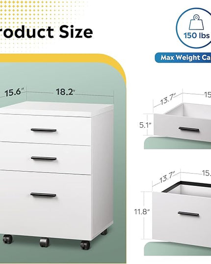 DEVAISE 3 Drawer File Cabinet for Home Office, Wood Under Desk Filing Cabinet, Rolling Printer Stand with Wheels, White - LeafyLoom
