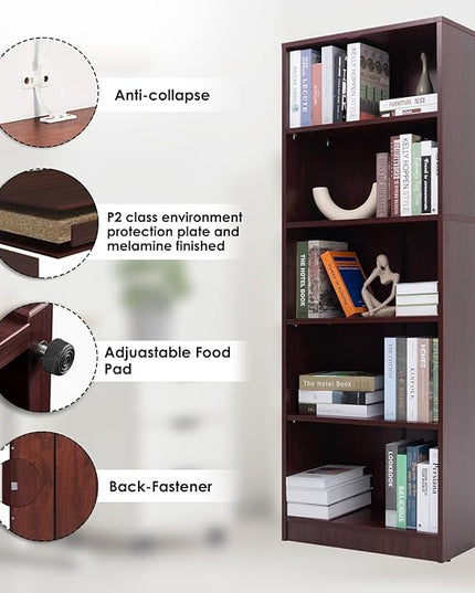 5 Shelf Wood Bookcase Freestanding Book Case Adjustable Layers Bookshelf for Home Office Small Narrow Space (Mahogany, 5-Layers,24.4W x 11.6D x 68.9H inch) - LeafyLoom