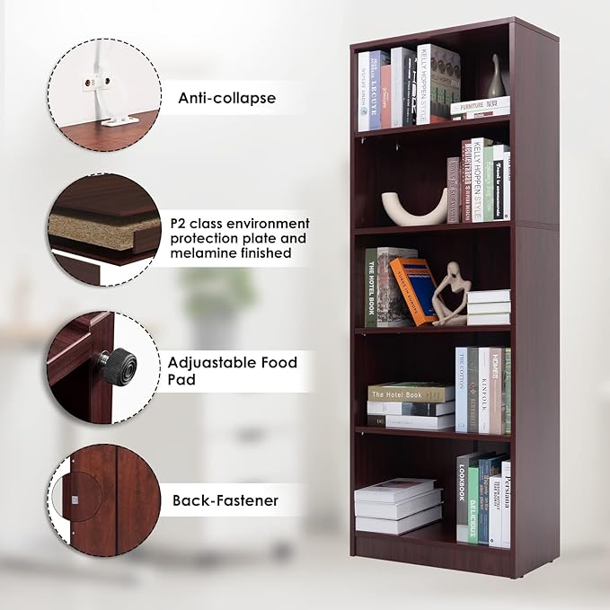 5 Shelf Wood Bookcase Freestanding Book Case Adjustable Layers Bookshelf for Home Office Small Narrow Space (Mahogany, 5-Layers,24.4W x 11.6D x 68.9H inch) - LeafyLoom