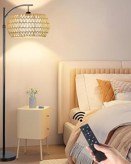 Floor Lamp for Living Room Bedroom Boho Rattan&Fabric Arc Standing Lamp with Remote Dimmable Black Farmhouse Wicker Bamboo Lamp Shade Floor Light Tall Lamp Industrial Floor Lamps Bohemian Decor - LeafyLoom