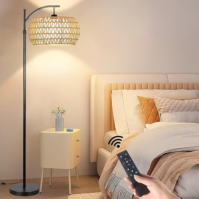 Floor Lamp for Living Room Bedroom Boho Rattan&Fabric Arc Standing Lamp with Remote Dimmable Black Farmhouse Wicker Bamboo Lamp Shade Floor Light Tall Lamp Industrial Floor Lamps Bohemian Decor - LeafyLoom