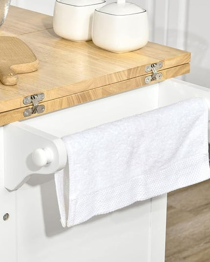 HOMCOM Kitchen Island with Drop Leaf Trolley Cart on Wheels Drawer Cabinet Towel Racks Versatile Use Natural Wood Top and White - LeafyLoom