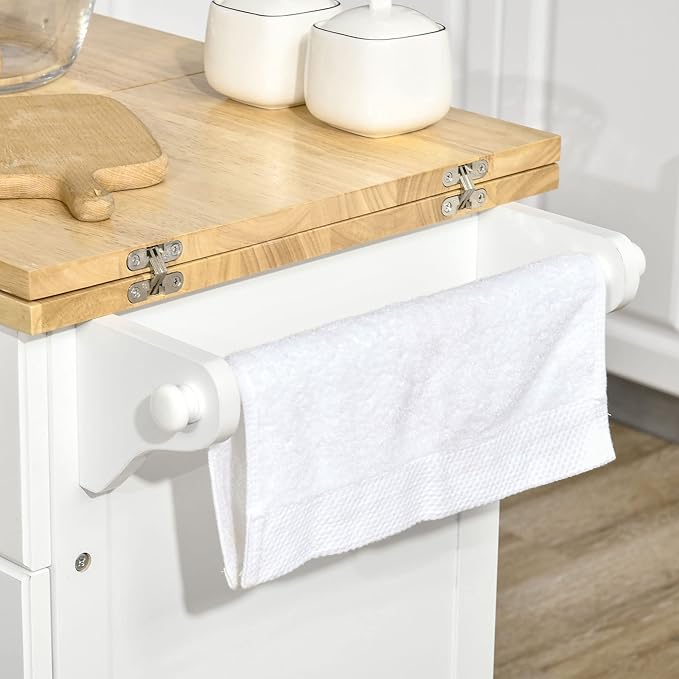 HOMCOM Kitchen Island with Drop Leaf Trolley Cart on Wheels Drawer Cabinet Towel Racks Versatile Use Natural Wood Top and White - LeafyLoom