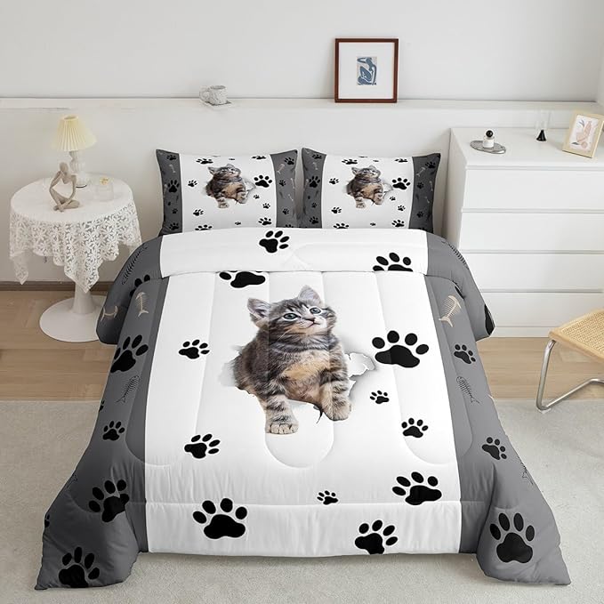 Kids Cat Comforter Set King,3D Cute Kawaii Cat Bedding Set Lovely Animal Kitten Paw Print Down Comforter for Girls Boys Cat Lovers' Bedroom,Fish Bone Decor Quilt Duvet Set Grey White 2 Pillow Cases - LeafyLoom