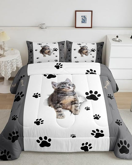 Kids Cat Comforter Set Full,3D Cute Kawaii Cat Bedding Set Lovely Animal Kitten Paw Print Down Comforter For Girls Boys Cat Lovers' Bedroom,Fish Bone Decor Quilt Duvet Set Grey White 2 Pillow Cases - LeafyLoom