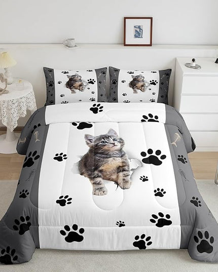 Kids Cat Comforter Set Queen,3D Cute Kawaii Cat Bedding Set Lovely Animal Kitten Paw Print Down Comforter For Girls Boys Cat Lovers' Bedroom,Fish Bone Decor Quilt Duvet Set Grey White 2 Pillow Cases - LeafyLoom