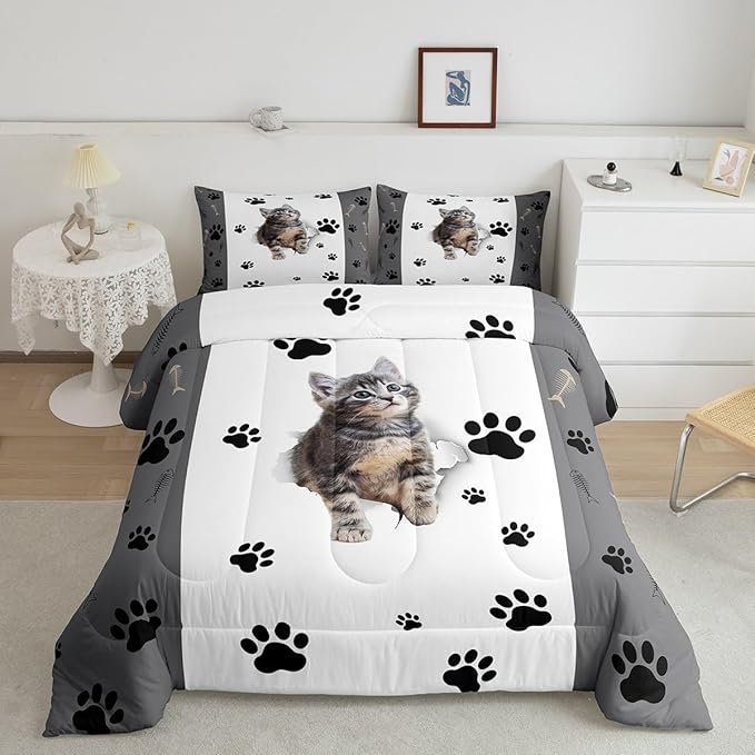Kids Cat Comforter Set Queen,3D Cute Kawaii Cat Bedding Set Lovely Animal Kitten Paw Print Down Comforter For Girls Boys Cat Lovers' Bedroom,Fish Bone Decor Quilt Duvet Set Grey White 2 Pillow Cases - LeafyLoom