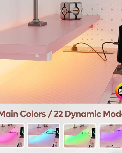 Bestier L Shaped Gaming Desk with Power Outlets,58 LED Small Corner Desk with Reversible Storage Shelves,Pink Computer Desk with Headset Hooks Desk for Living Room and Dormitory - LeafyLoom