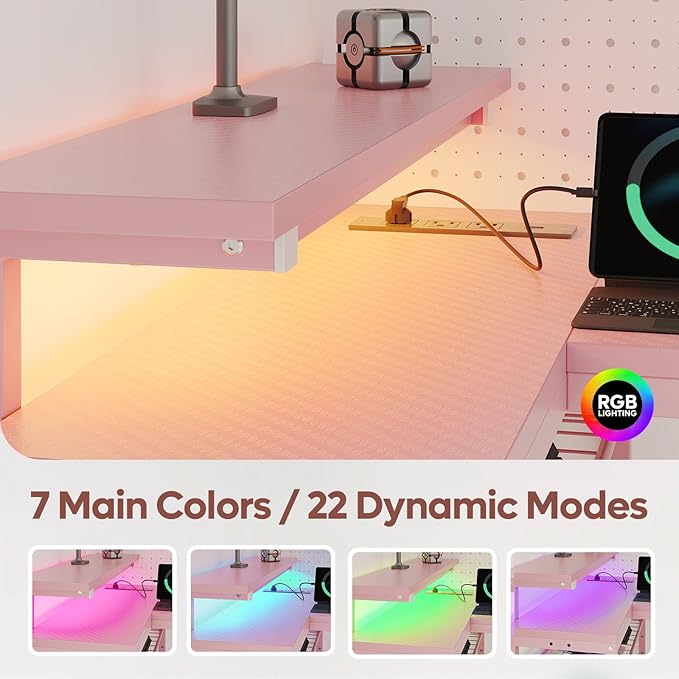 Bestier L Shaped Gaming Desk with Power Outlets,58 LED Small Corner Desk with Reversible Storage Shelves,Pink Computer Desk with Headset Hooks Desk for Living Room and Dormitory - LeafyLoom