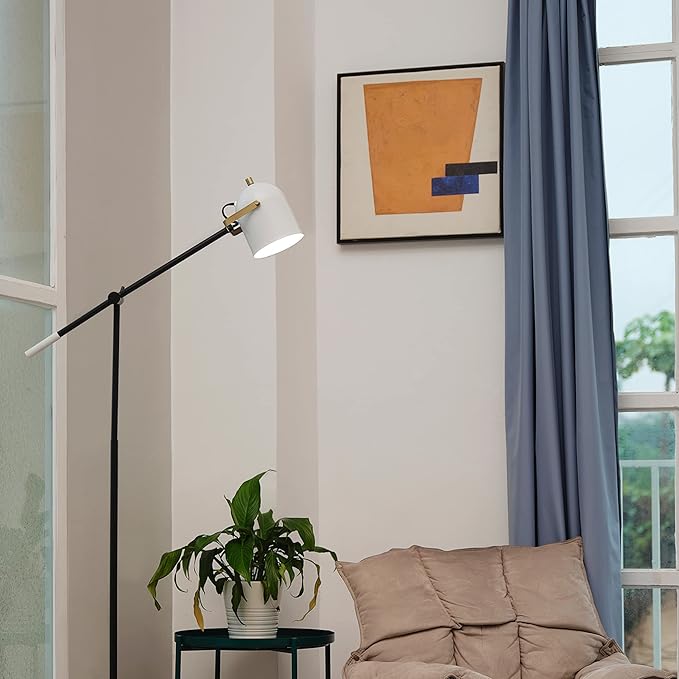 Globe Electric 65910 65" Floor Lamp, Matte Black, Brass Accents, White Shade, On/Off Rotary Switch on Head - LeafyLoom