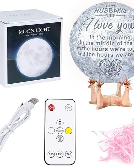Engraved 3D Moon Lamp Gifts Anniversary Valentine's Day Gift for Husband from Wife, Personalized 5.9 Inch 3D Printing Moon Light Gift for Wife Valentine's Christmas Gift - LeafyLoom