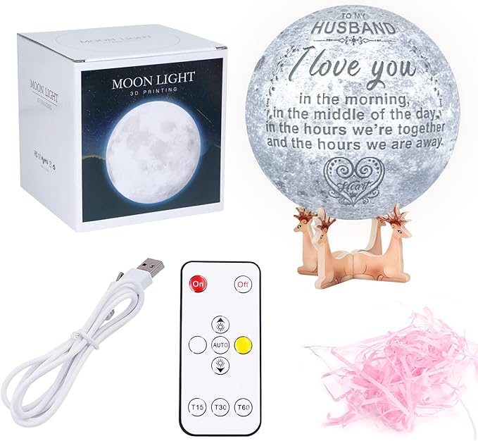 Engraved 3D Moon Lamp Gifts Anniversary Valentine's Day Gift for Husband from Wife, Personalized 5.9 Inch 3D Printing Moon Light Gift for Wife Valentine's Christmas Gift - LeafyLoom