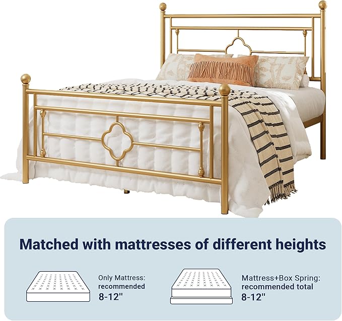 Allewie Queen Size Metal Platform Bed Frame with Victorian Vintage Headboard and Footboard/Mattress Foundation/Under Bed Storage/No Box Spring Needed/Noise-Free/Easy Assembly, Gold - LeafyLoom