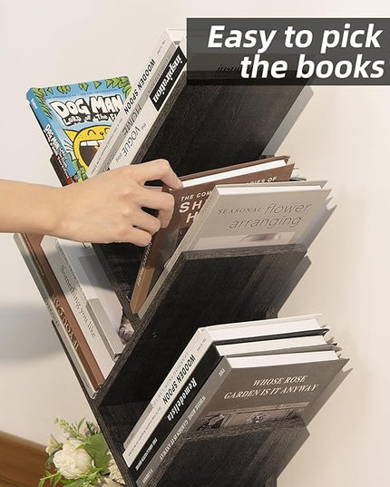 5 Tier Tree Book Shelf, Small Desktop Bookshelf with Storage Organizer, Wood Bookcase, Desk Display Bookshelves, Floor Standing Organizer Bookcases for Living Room,Bedroom,Office-Dark Grey - LeafyLoom