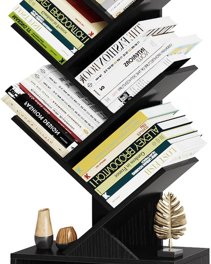 Vagusicc 6 Tier Tree Bookshelf, Modern Floor Standing Bookcase with Storage Drawer, Space Saving Storage Organizer Book Shelves for Books, Tall Wood Storage Rack for Bedroom/Living Room/Home Office - LeafyLoom