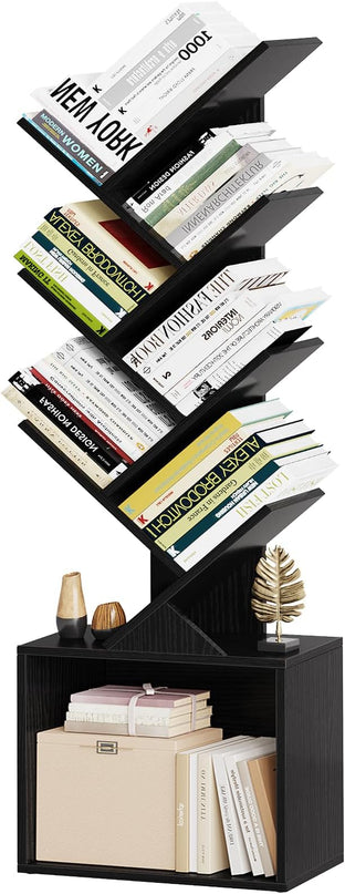 Vagusicc 6 Tier Tree Bookshelf, Modern Floor Standing Bookcase with Storage Drawer, Space Saving Storage Organizer Book Shelves for Books, Tall Wood Storage Rack for Bedroom/Living Room/Home Office - LeafyLoom