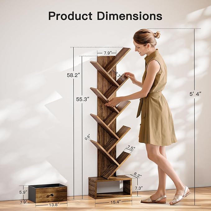 Pipishell Bookshelf with Drawer, 8-Tier Vertical Tree Bookshelf, Modern Bookcase, Modern Book Storage, Book Shelf Organizer for Living Room, Bedroom, Home Office, Rustic Brown, PIBS03WN - LeafyLoom