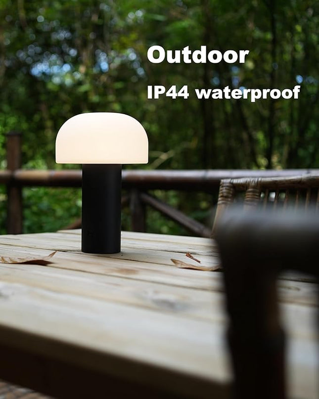 Outdoor Mushroom Table Lamp Rechargeable, Cordless Lamps for Patio Waterproof, Portable Battery Operated Lamp with USB Charging, Touch Dimming Night Light for Home/Porch/Restaurant (Black) - LeafyLoom