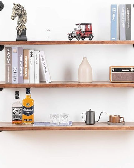 Industrial Wall Mounted Pipe Shelving,Rustic Metal Floating Shelves,Steampunk Real Wood Bookcases,DIY Bookshelf Hanging Shelves,Farmhouse Kitchen Bar Office Home Storage (4-Tier with 3 Boards,48in) - LeafyLoom