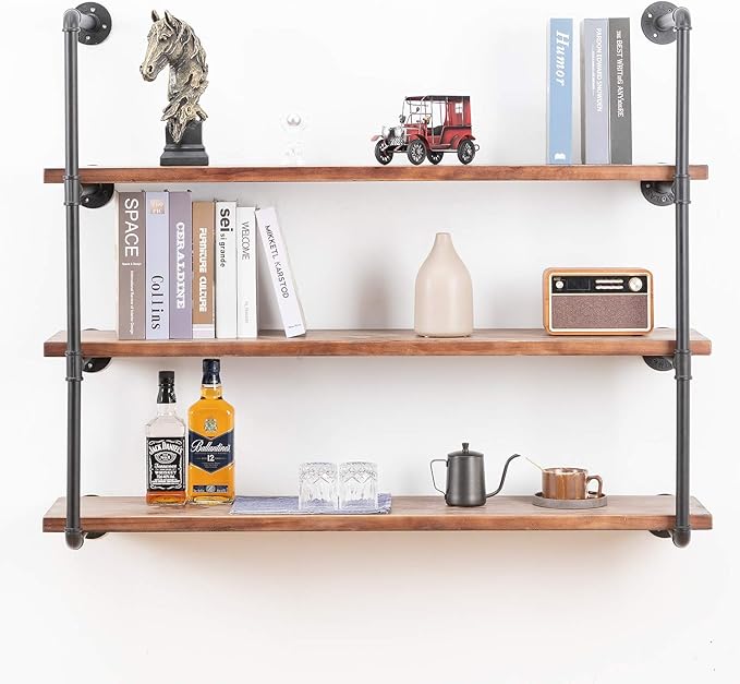 Industrial Wall Mounted Pipe Shelving,Rustic Metal Floating Shelves,Steampunk Real Wood Bookcases,DIY Bookshelf Hanging Shelves,Farmhouse Kitchen Bar Office Home Storage (4-Tier with 3 Boards,48in) - LeafyLoom