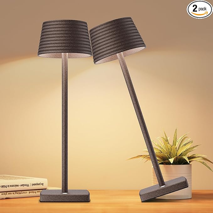 Rechargeable Cordless Table Lamp, Battery 5000mAh Metal Aluminum Housing USB LED Portable Powered Desk Lamp, 3 Levels Brightness Night Light for Restaurants Bars Outdoor (ferruginous-2pack) - LeafyLoom