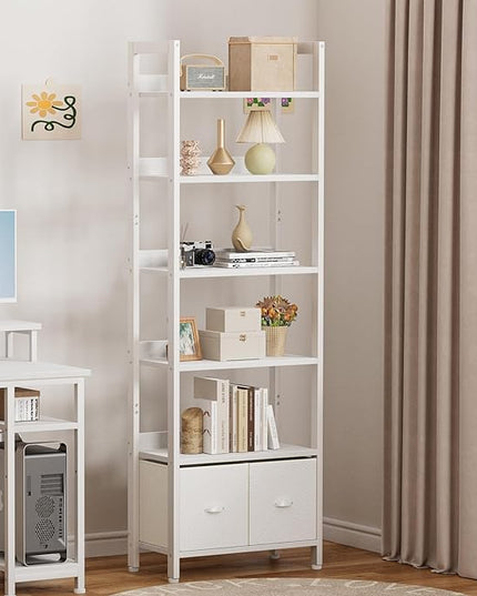 Furologee White 6 Tier Bookshelf with Drawers, Tall 71" Bookcase with Shelves, Modern Wood and Metal Book Shelf Storage Organizer, Display Free Standing Shelf Unit for Bedroom, Living Room, Office - LeafyLoom
