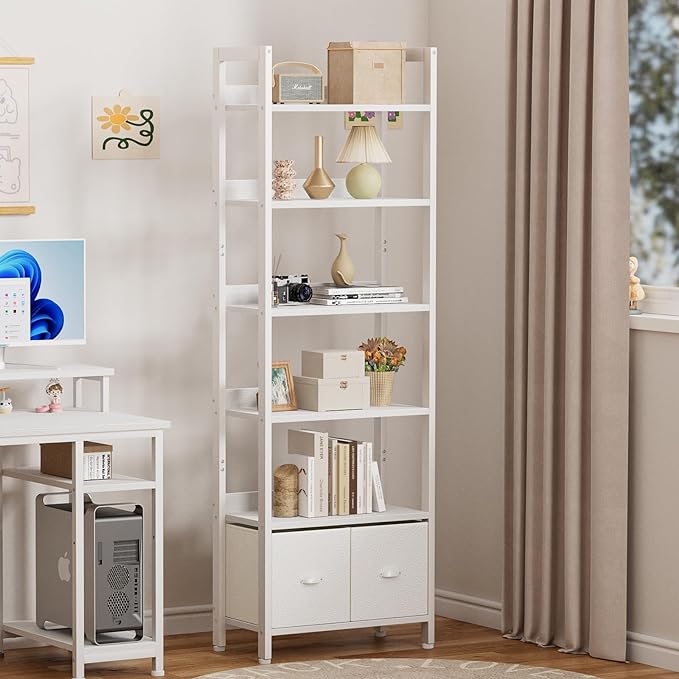 Furologee White 6 Tier Bookshelf with Drawers, Tall 71" Bookcase with Shelves, Modern Wood and Metal Book Shelf Storage Organizer, Display Free Standing Shelf Unit for Bedroom, Living Room, Office - LeafyLoom