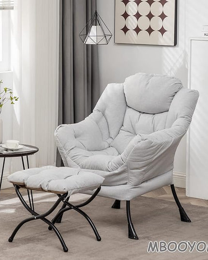 Lazy Chair with Ottoman, Modern Soft Reading Chair Accent Contemporary Lounge Leisure Sofa Chair with Armrests and a Side Pocket for Living Room, Bedroom, Dorm & Office, Light Grey - LeafyLoom