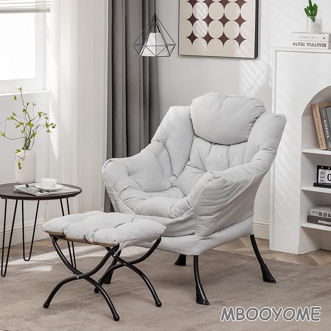 Lazy Chair with Ottoman, Modern Soft Reading Chair Accent Contemporary Lounge Leisure Sofa Chair with Armrests and a Side Pocket for Living Room, Bedroom, Dorm & Office, Light Grey - LeafyLoom