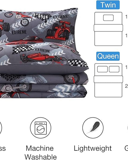 beeweed 2 Piece Kid Comforter Set Twin Size, Racing Car Bedding Set for Teen Boys Girls - LeafyLoom