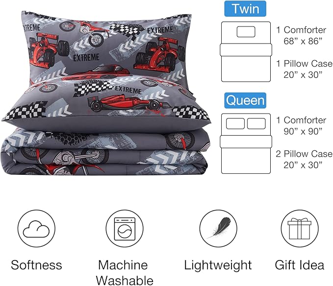 beeweed 2 Piece Kid Comforter Set Twin Size, Racing Car Bedding Set for Teen Boys Girls - LeafyLoom