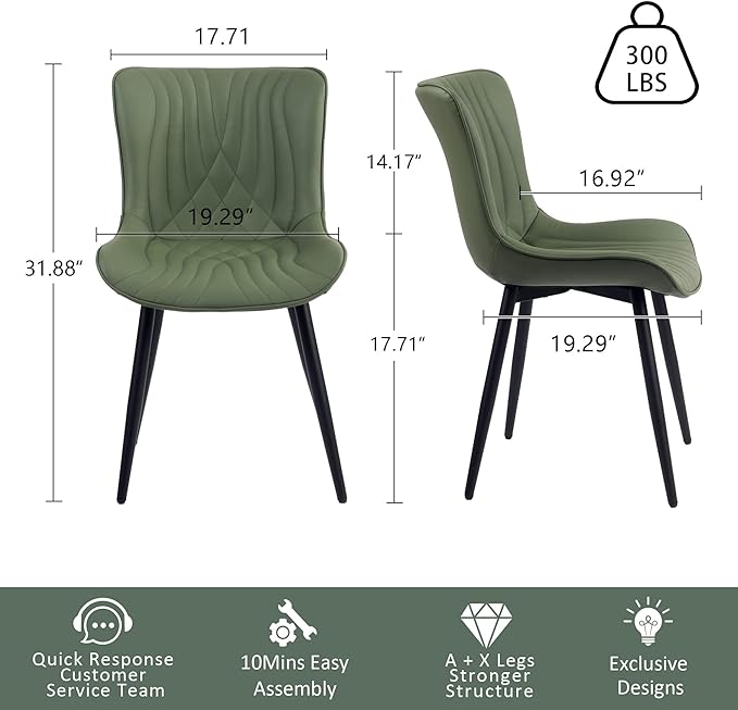 YOUTASTE Dining Chairs Set of 2 Upholstered Mid Century Modern Kitchen Dining Living Room Chairs Armless Faux Leather Accent Chair Metal Vanity Lounge Chair with Back for Bedrooms,Olive Green - LeafyLoom