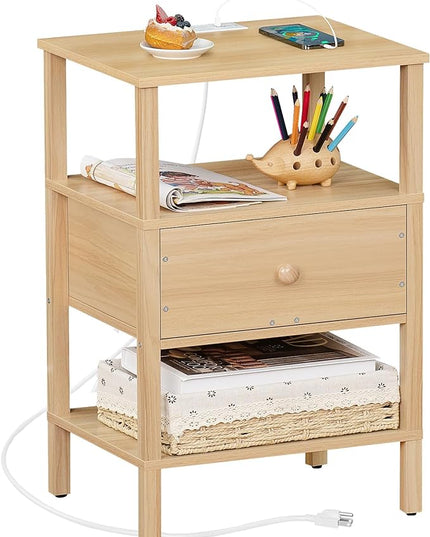 Lerliuo Nightstand with Charging Station and USB Ports, 3-Tier Storage End Table with Drawer Shelf, Night Stand for Small Spaces, Wood Bedside Table for Living Room, Bedroom - Natural Wood - LeafyLoom