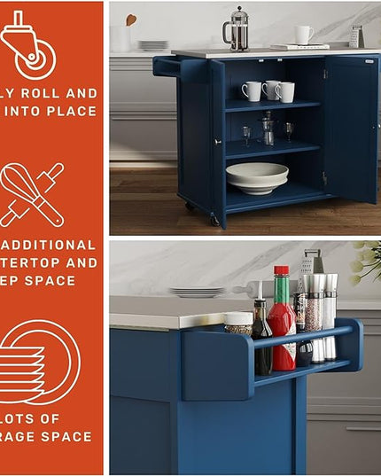 Homestyles Mobile Kitchen Island Cart with Stainless Steel Top, Blue - LeafyLoom