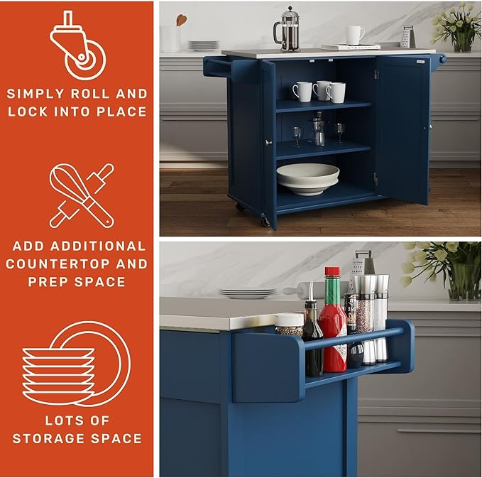 Homestyles Mobile Kitchen Island Cart with Stainless Steel Top, Blue - LeafyLoom