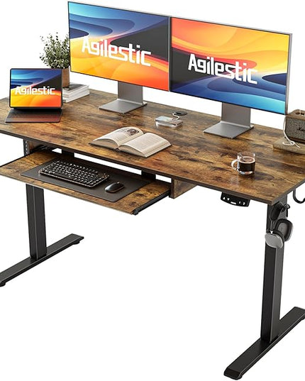 Height Adjustable Desk with Keyboard Tray, 55 x 24 Inches Electric Standing Desk, Stand up Computer Table with Memory Preset, Modern Lift Motorized Gaming Workstation, Rustic Brown - LeafyLoom