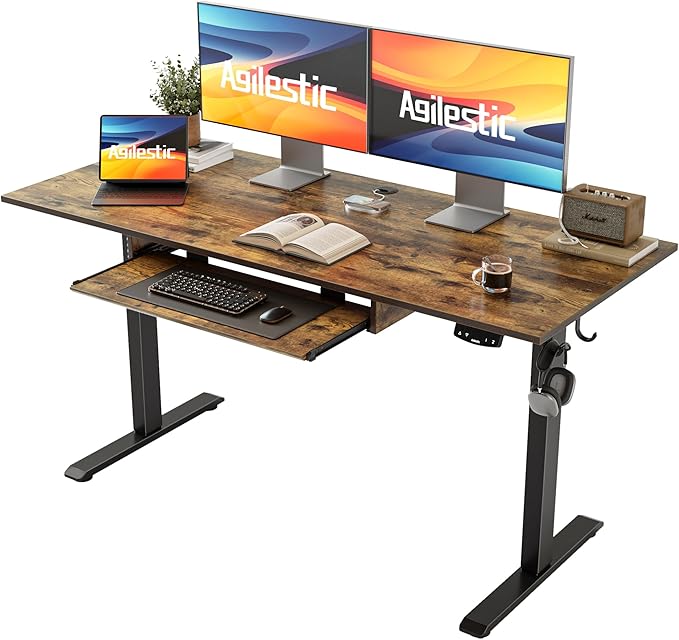 Height Adjustable Desk with Keyboard Tray, 55 x 24 Inches Electric Standing Desk, Stand up Computer Table with Memory Preset, Modern Lift Motorized Gaming Workstation, Rustic Brown - LeafyLoom