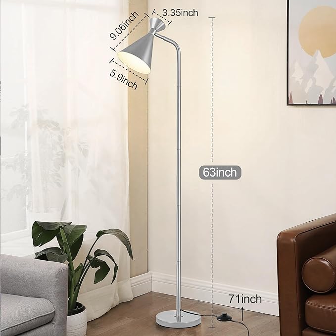 PARTPHONER Floor Lamp for Living Room, Modern Adjustable Metal Heads Standing Lamps, Simple Design Silver Floor Lamp with Foot Switch for Bedroom, Office, Kids Room, Reading, Working(Bulb Not Include) - LeafyLoom