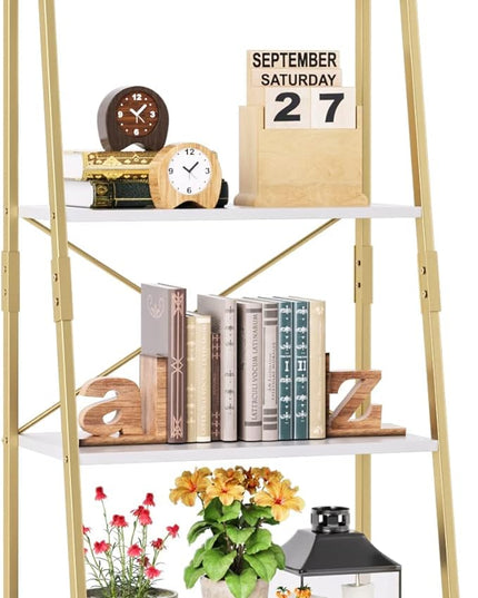 finetones Bookshelf 4 Tier, Wood Bookcase with Metal Frame, Open Display Storage Ladder Shelf, Plant Flower Stand Storage Rack for Home Office White/Gold - LeafyLoom