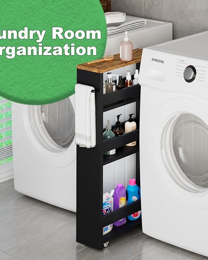 MARTY Rolling Storage Cart 4-Tier Black Kitchen Cart on Wheels, Slim Storage Cart with Handle Slide Out Utility Cart Shelving Unit Organizer Trolley for Laundry Narrow Places Bathroom Small Corner - LeafyLoom