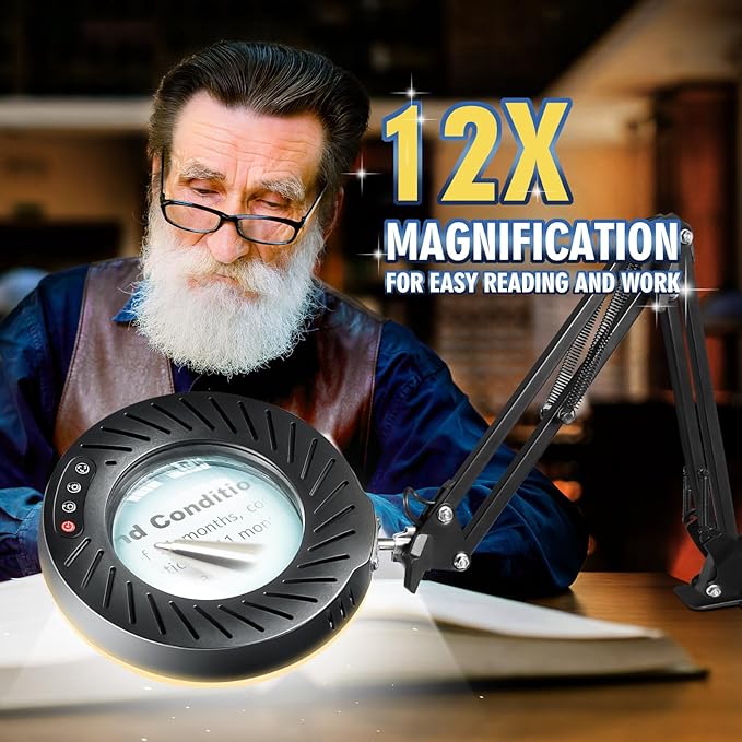 12X Magnifying Glass with Light and Stand, 144 LEDs Brightest Magnifying Lamp, 10 Dimmable Brightness 5 Modes, Hands Free Metal Desk Lamp for Craft Reading Painting Hobby Close Work - LeafyLoom