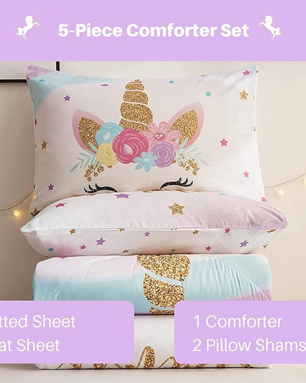 Twin Size Comforter Set for Girls, 5-Piece Bed in a Bag, 3D Colorful Unicorn Bedding Comforter Sheet Set, Ultra Soft and Fluffy, Pink & Rainbow Color - LeafyLoom