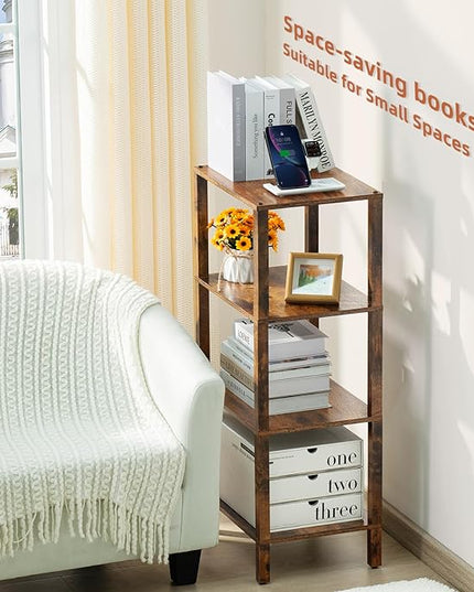 4 Tier Tall Wooden Bookshelf with Storage, Narrow Bookcase for Small Space, Small Book Shelf for Living Room, Office, Bedroom, Kitchen, Industrial, Rustic Brown - LeafyLoom