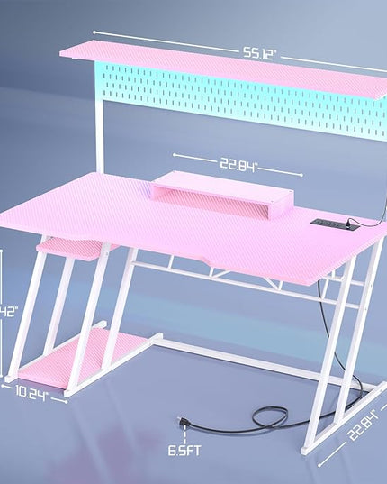 Pink Gaming Desk with Hutch and LED Lights, 55" Computer Desk with Storage Shelves, Reversible PC Gaming Desk with Pegboard, Gaming Table Gamer Desk for Bedroom, Carbon Fiber Pink - LeafyLoom