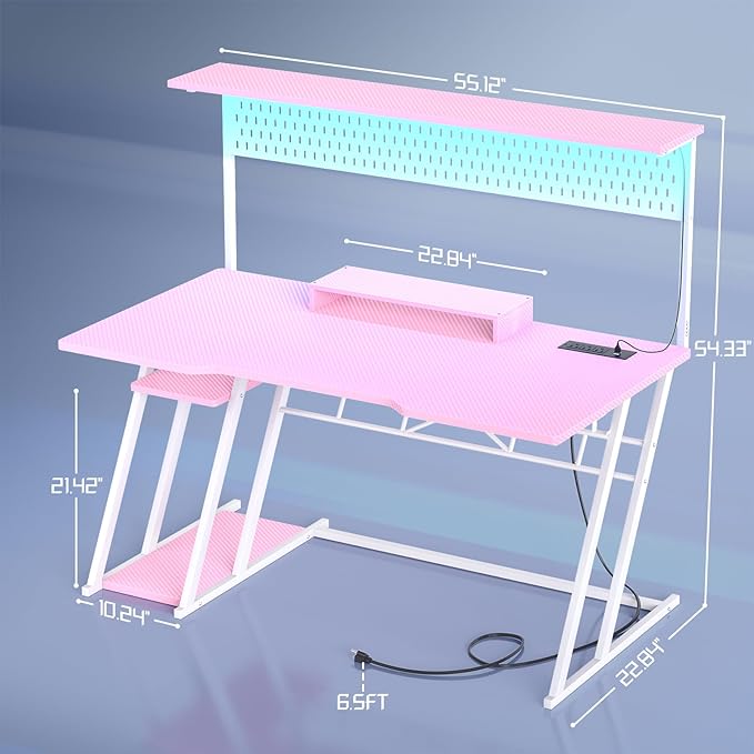 Pink Gaming Desk with Hutch and LED Lights, 55" Computer Desk with Storage Shelves, Reversible PC Gaming Desk with Pegboard, Gaming Table Gamer Desk for Bedroom, Carbon Fiber Pink - LeafyLoom