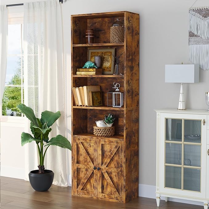 oneinmil 6 Tier Bookcase, Wooden Bookshelves with Cabinet Doors, Floor Bookshelf and Office Storage Cabinets for Home Office, Living Room,Brown - LeafyLoom